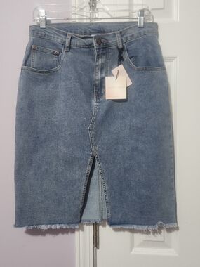 Denim Pencil Skirt with Front Slit - Blue 9/10